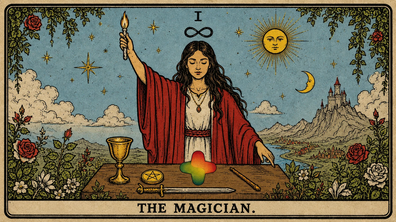The Magician tarot card with the GC mark on the altar