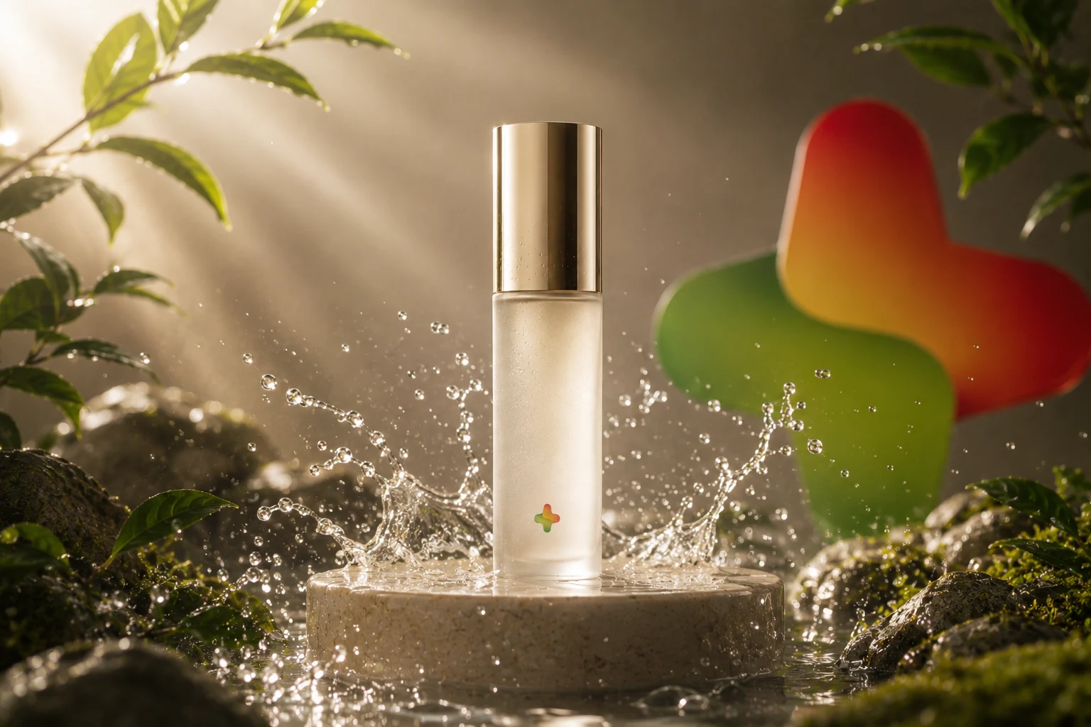 GC serum bottle on stone podium with water splash and green leaves