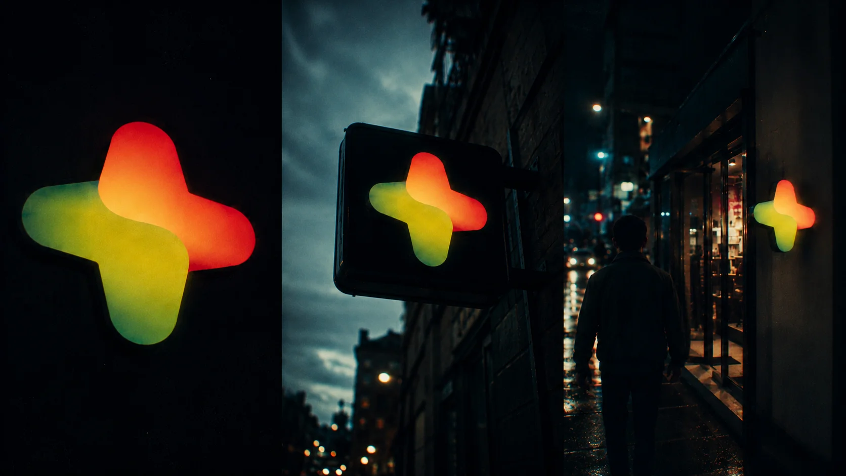 GC mark as illuminated pharmacy-style signage on storefronts at night