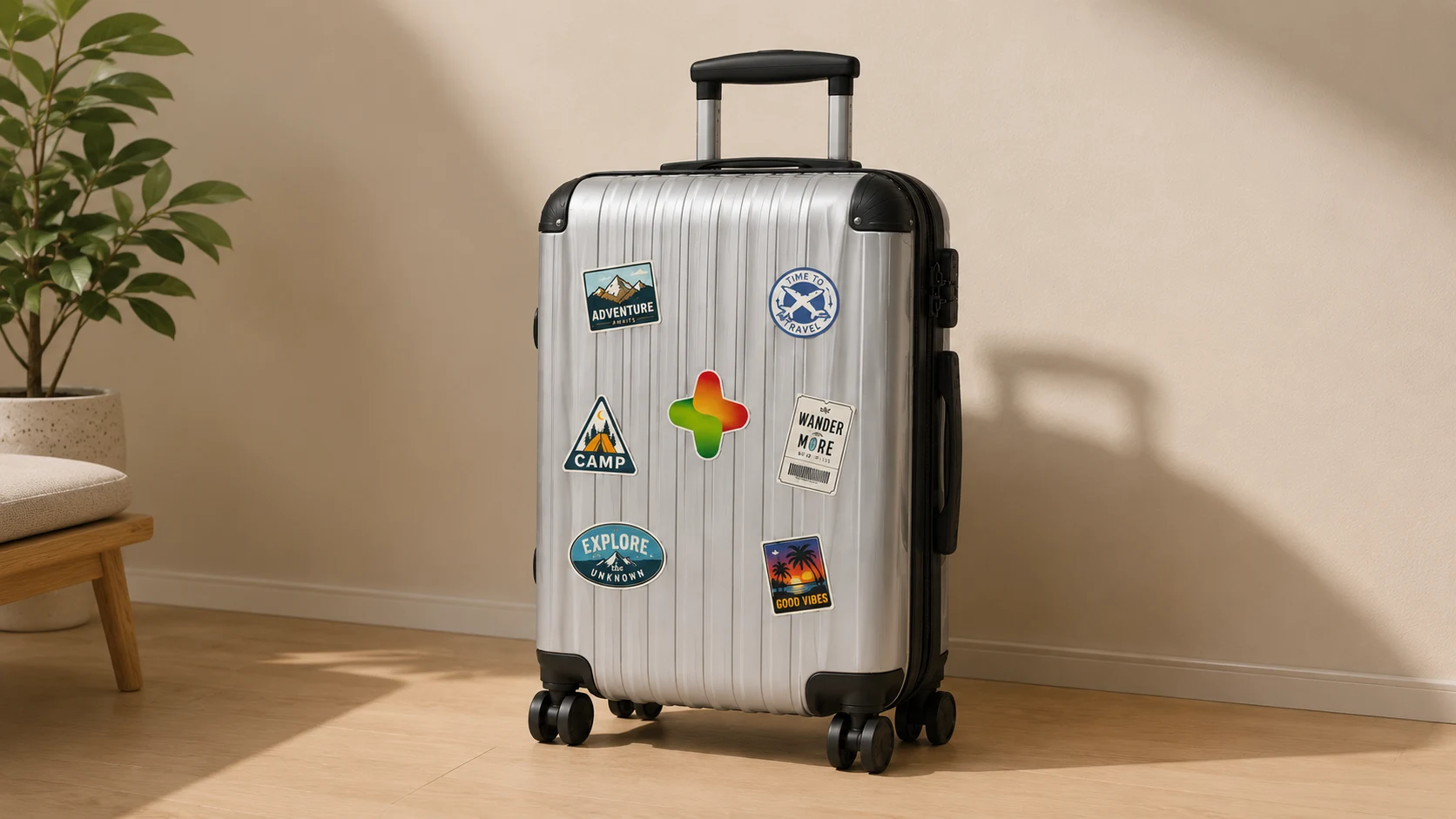 Suitcase with the GC mark sticker alongside travel patches